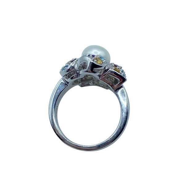 East Art Sterling Silver 8mm Pearl Solitaire Multi-Gemstone Floral Ring Sz 5.75 - Picture 10 of 11